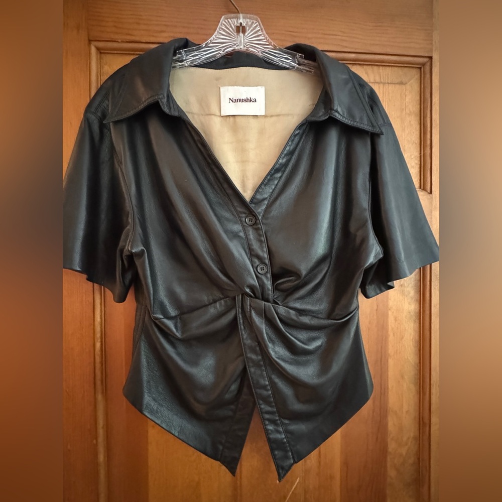 NANUSHKA Black Thora Short Sleeve Vegan
Leather Shirt Top